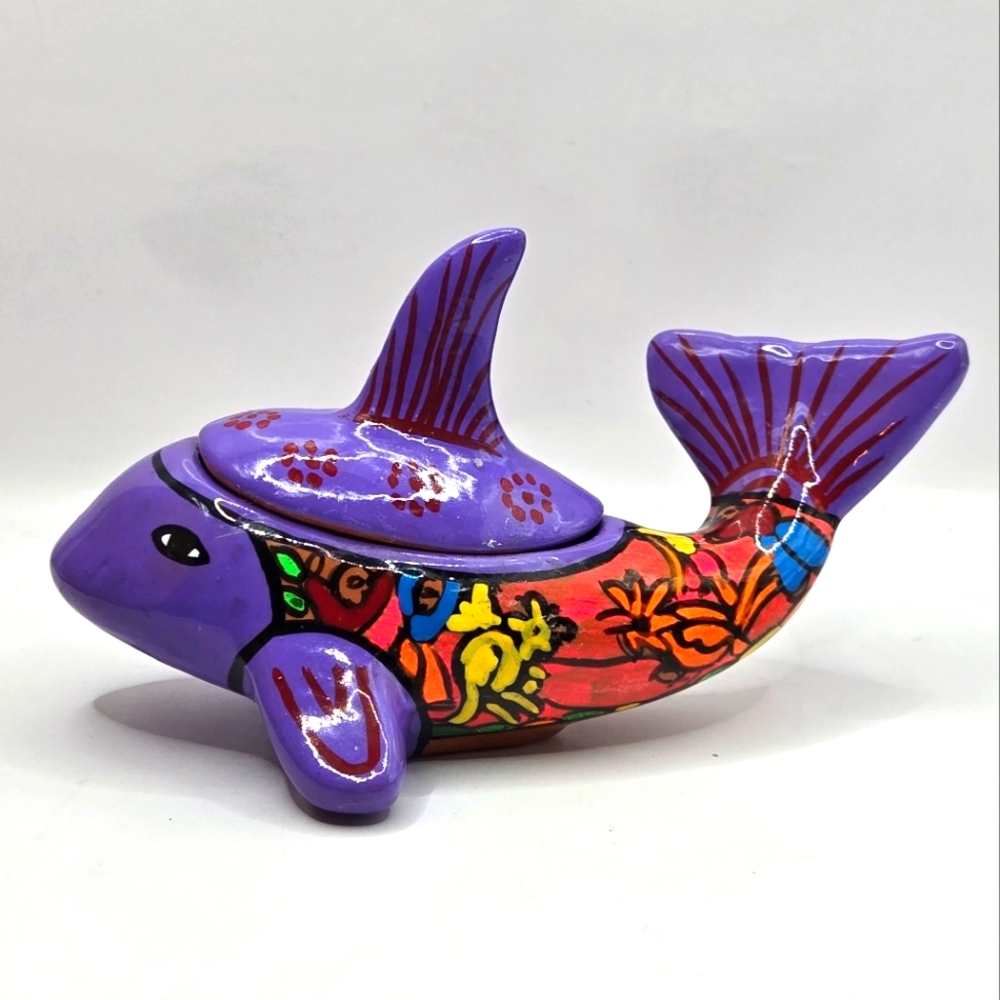 Folk Art Terracotta Painted Pottery Shark Lidded Trinket Dish Purple 6" L